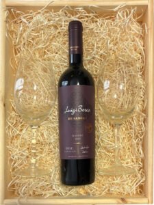 Box Sommelier: Vino Luigi Bosca De Sangre + 2 Copas de Vino en Bandeja de Madera Premium