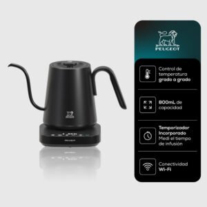 Pava Eléctrica Peugeot Brest 800ml 1200w Control Temperatura Grado A Grado Wi-fi Panel Digital Cuello Cisne Negro